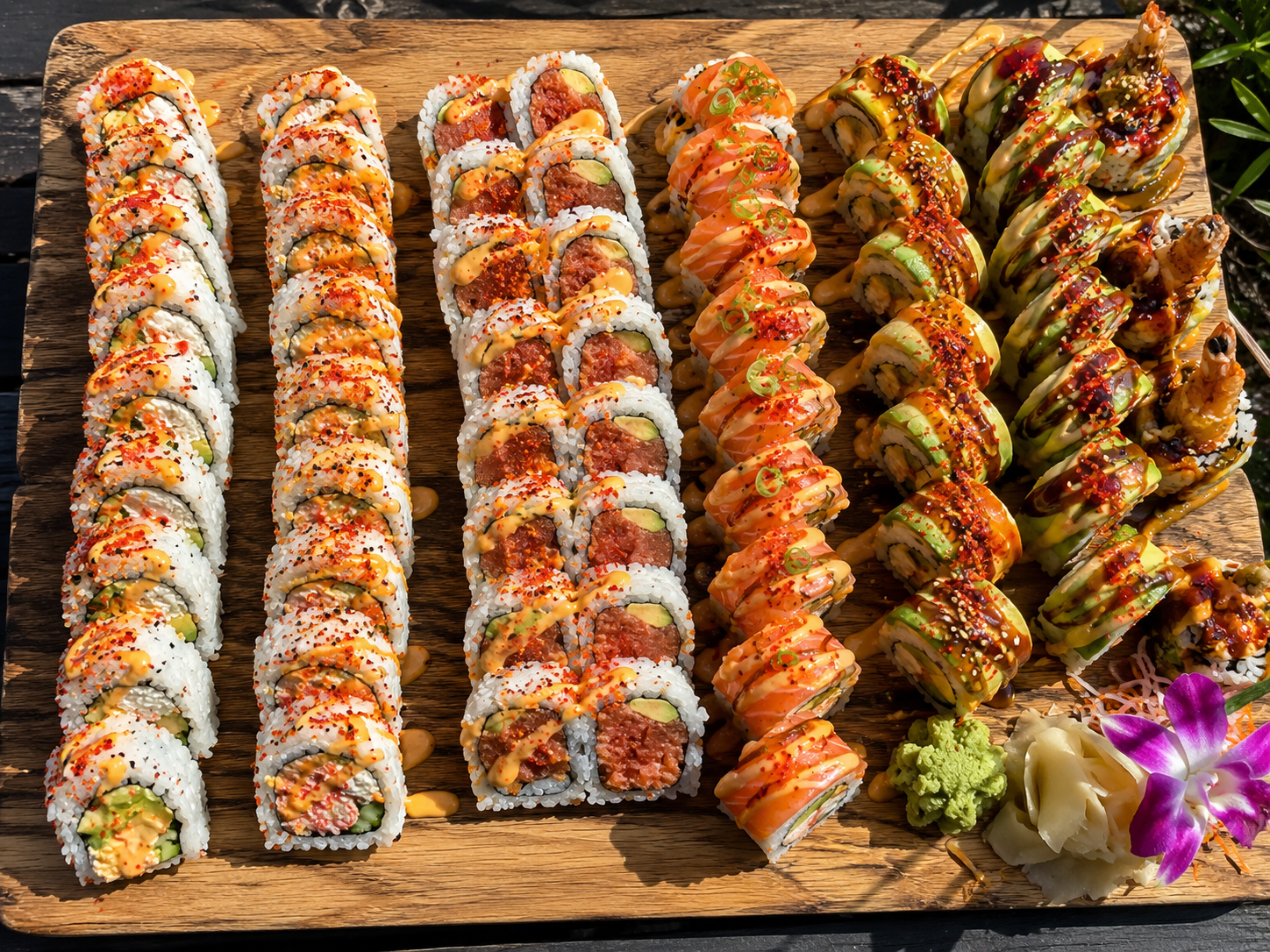 Spicy sushi platter with California, tuna, and salmon rolls